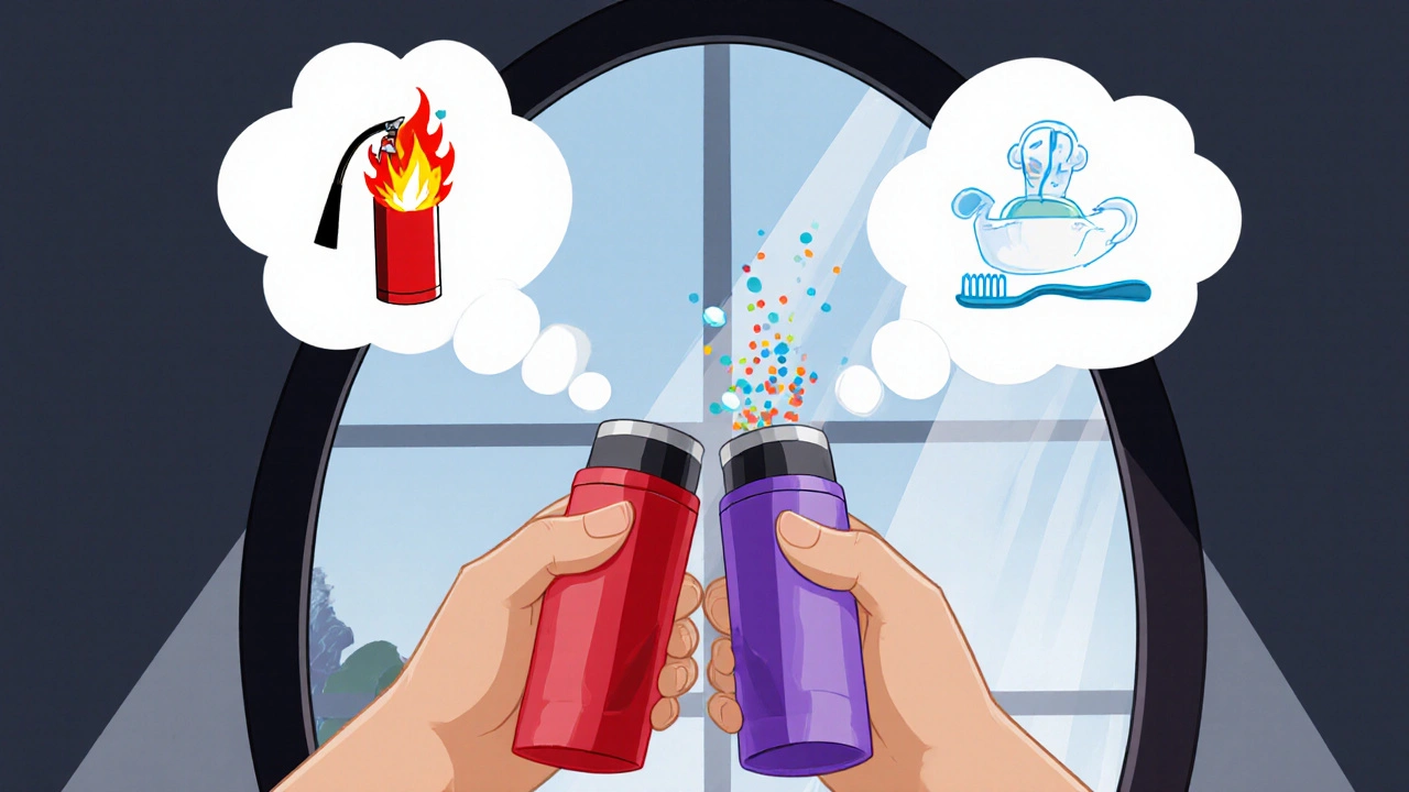A person comparing red and purple inhalers in a mirror, with thought bubbles showing fire extinguisher and toothbrush.