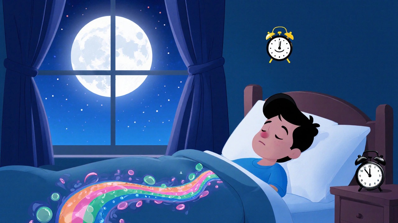 A person sleeps peacefully at night as glowing dopamine waves soothe their restless legs.