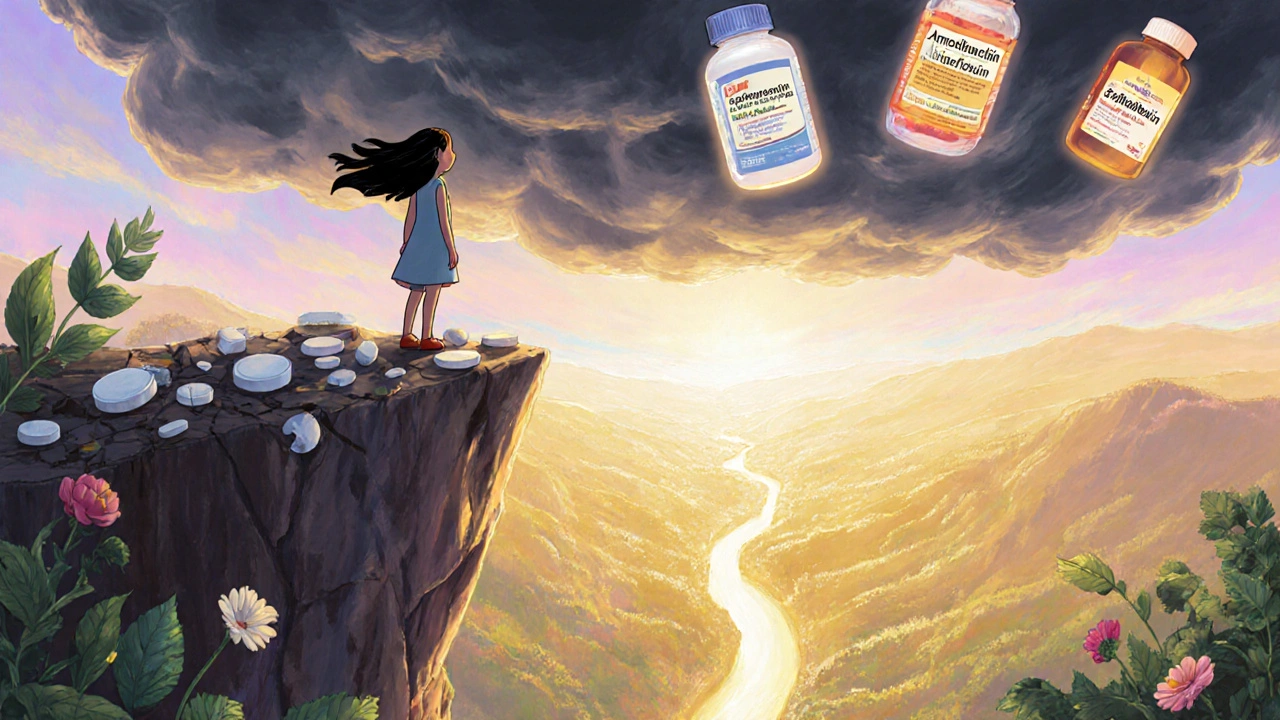 A person stands at a cliff of pill bottles, looking down at safer antibiotics glowing in the valley below.