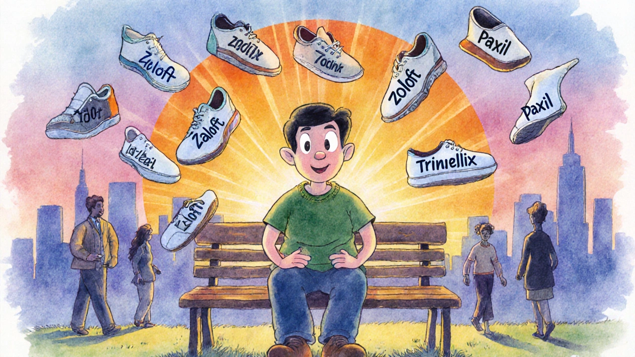 A person trying on floating shoes labeled with medications, finding the perfect fit for mental well-being.