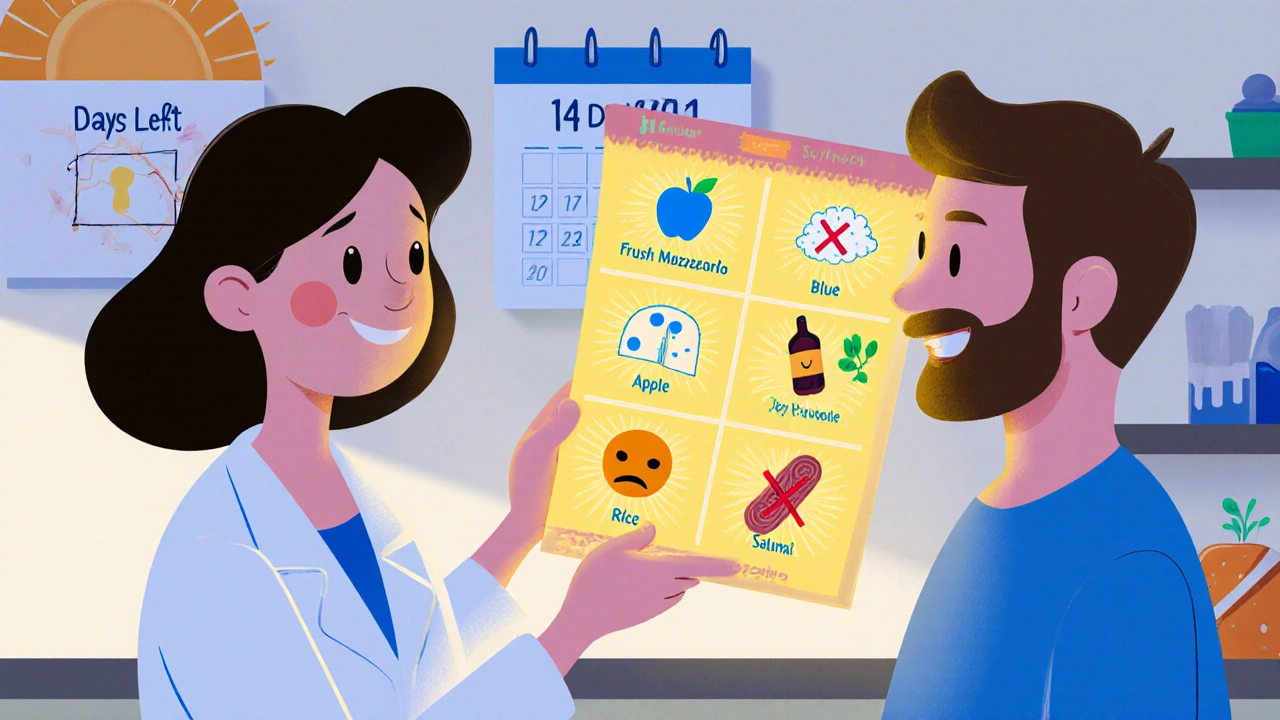 A pharmacist gives a colorful food safety chart with safe and forbidden foods clearly marked.