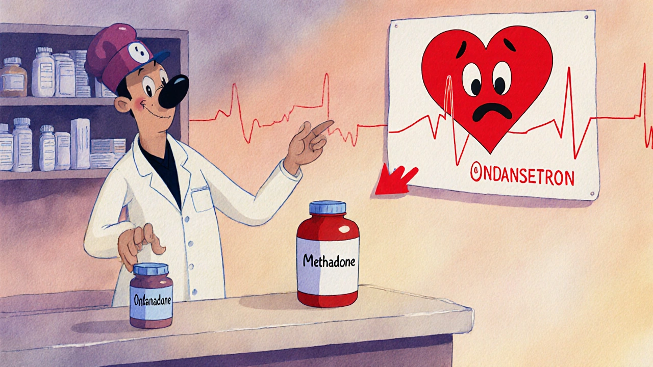A pharmacist stopping a patient from picking up two medications that could prolong QT interval.
