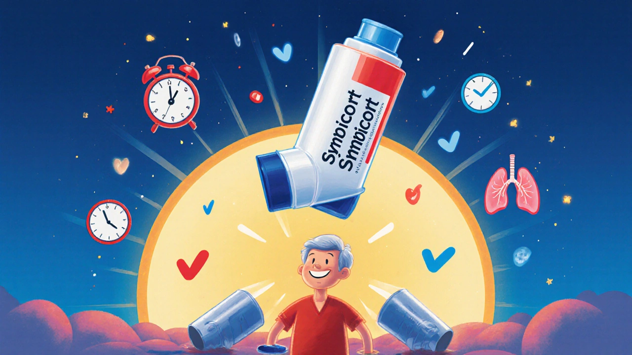 A single dual-colored inhaler glowing above a calm patient, while two old inhalers lie broken behind them.