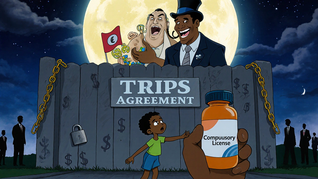 A small African nation blocked by a TRIPS legal barrier while a pharmaceutical giant laughs nearby.