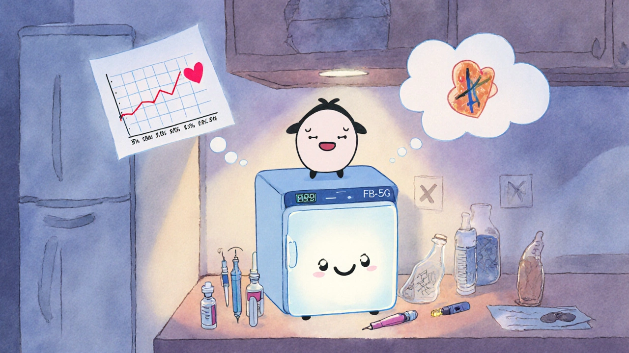 A small dedicated fridge keeps meds safe, with a happy patient and falling HbA1c chart above.