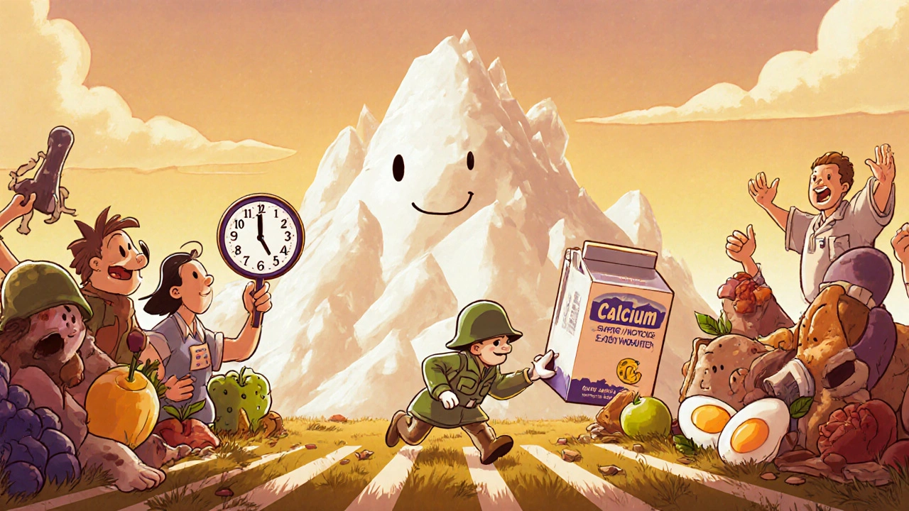 A tiny antibiotic soldier defeated by a calcium milk carton, with a pharmacist holding a timing wheel nearby.