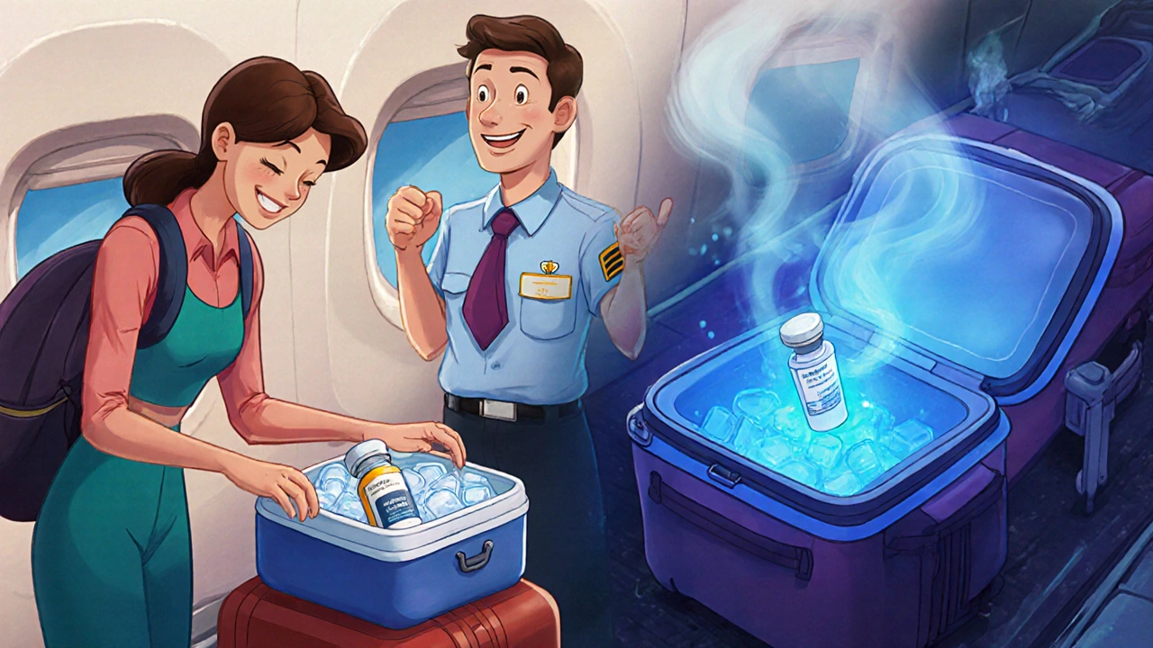A traveler packs medication in a cooler for a flight, while a damaged vial overheats in cargo.