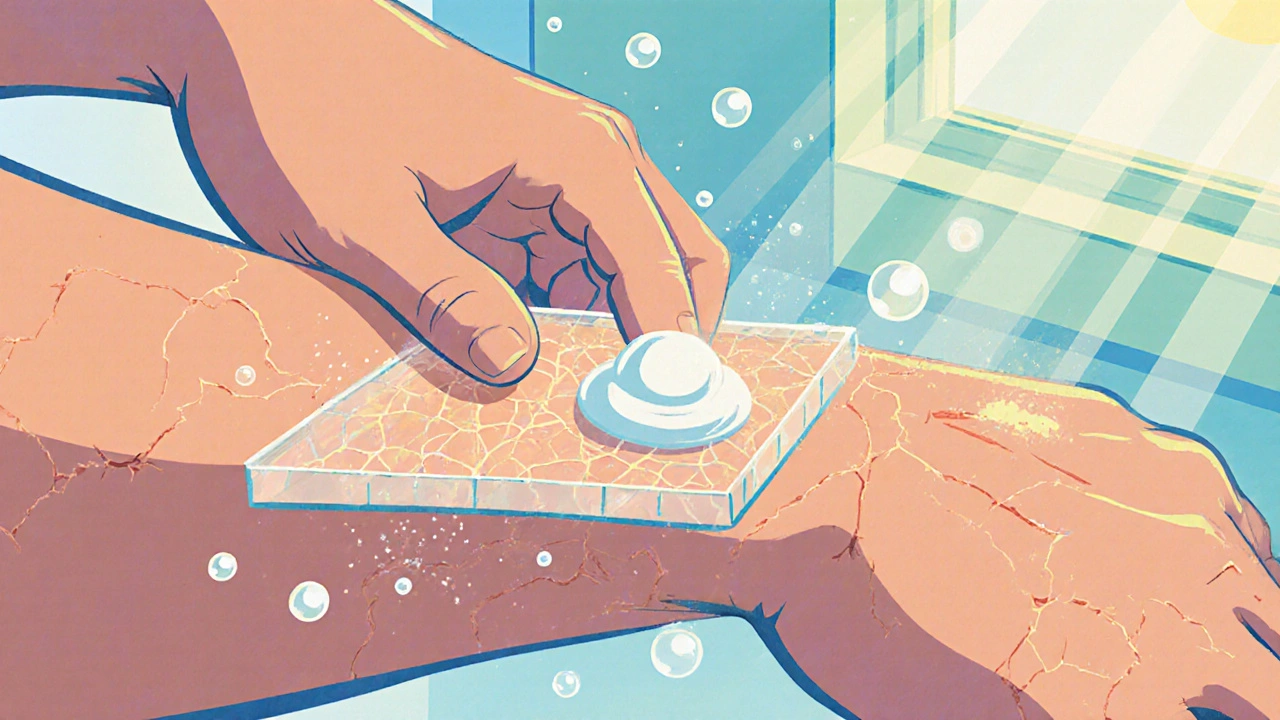 Adult applying cream in downward strokes as invisible triggers vanish, with visible ceramide barriers mending cracked skin.