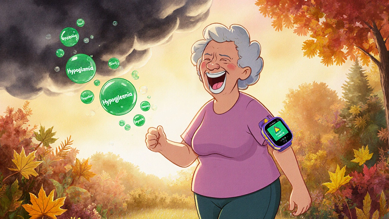 An older woman walking happily in her garden with a glowing glucose monitor that dispels dark hypoglycemia clouds.