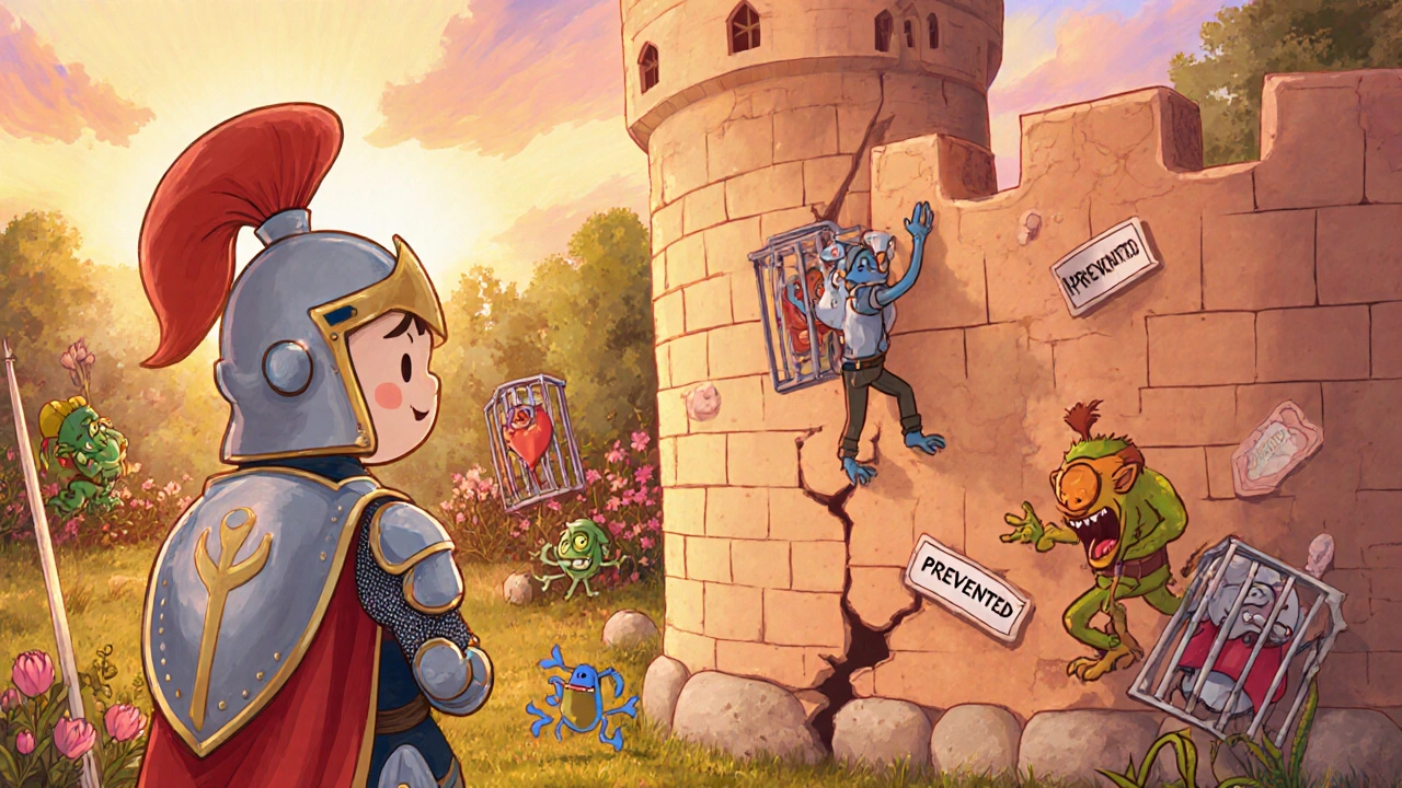 Cartoon knight repairing skin barrier castle, blocking allergen goblins with ointment mortar.