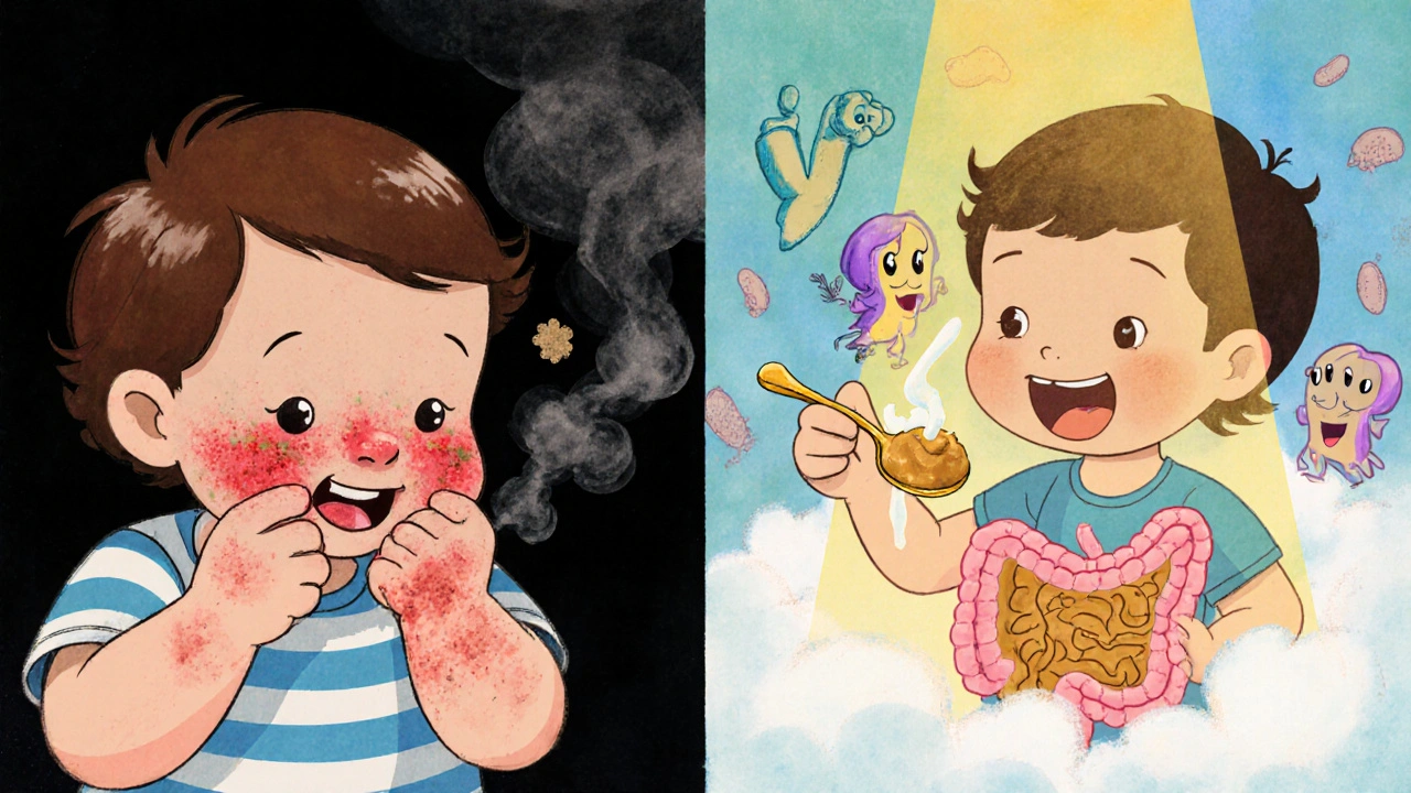 Child eating peanut butter as friendly bacteria glow nearby, contrasting with dark allergens in the air.