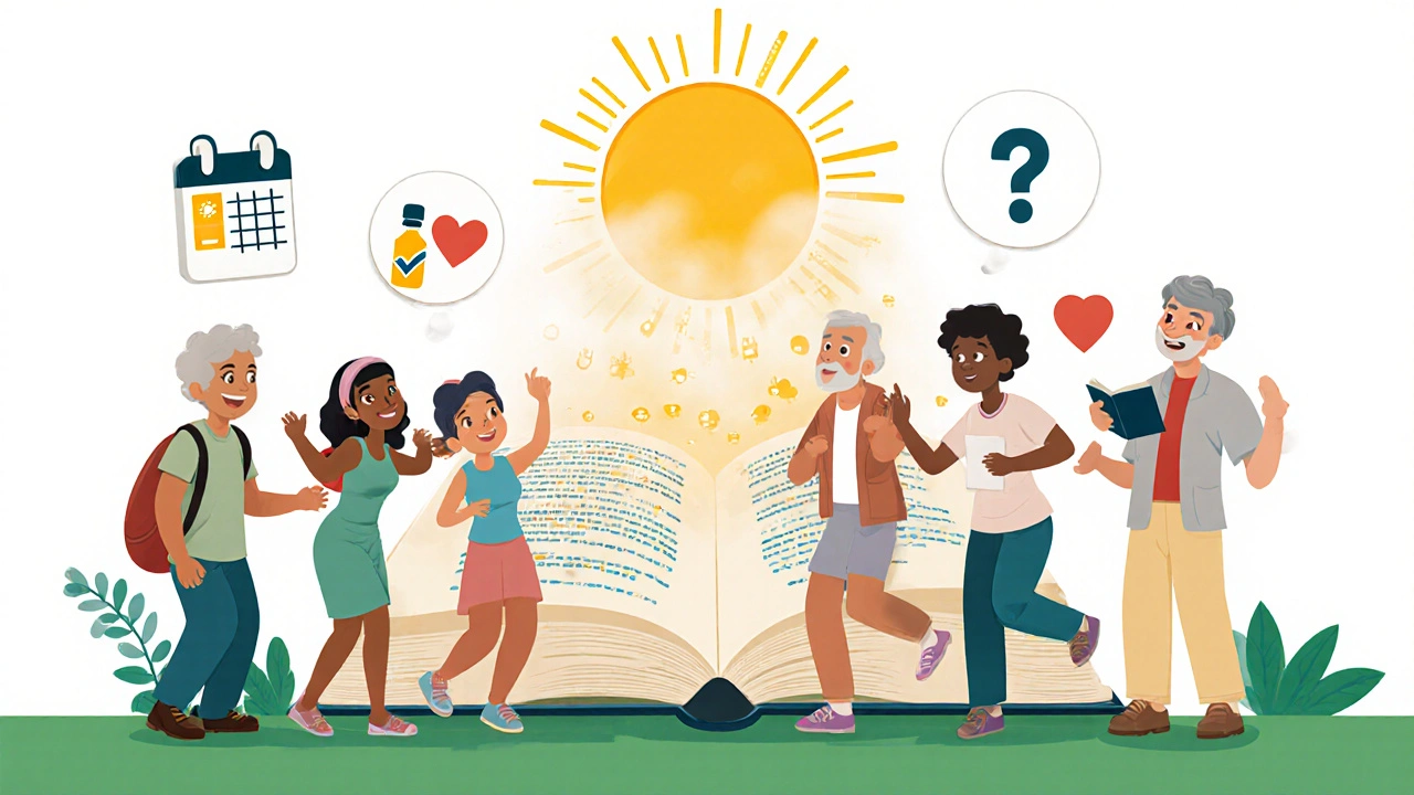 Diverse patients enjoy life activities with icons of skin checks and sunscreen, as safety data glows in the background.