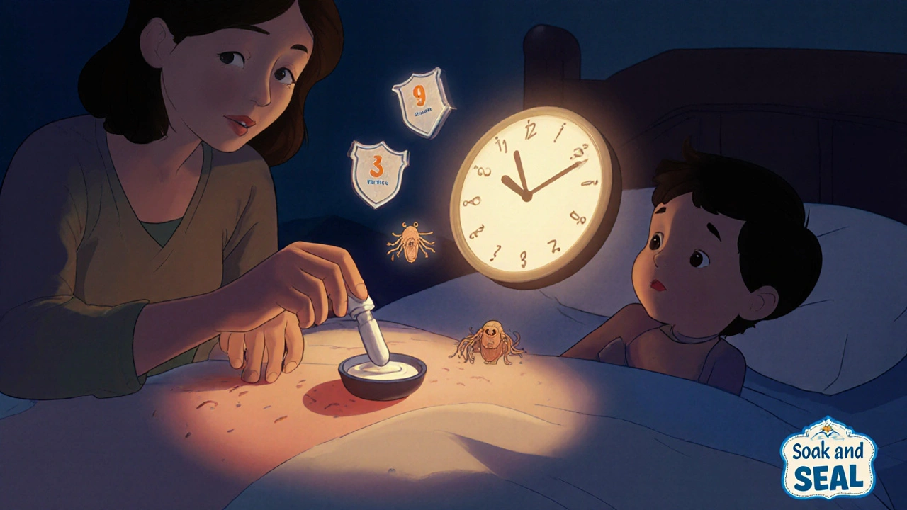 Family at night applying emollient as protective shields form, with a glowing 3-minute timer and finger-unit guide floating nearby.