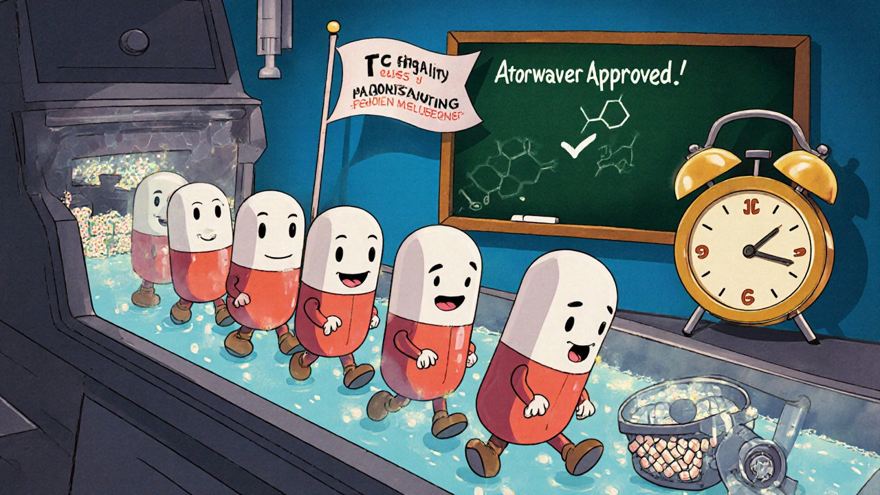 Generic pills marching into a dissolution machine with glowing particles and f2 score display