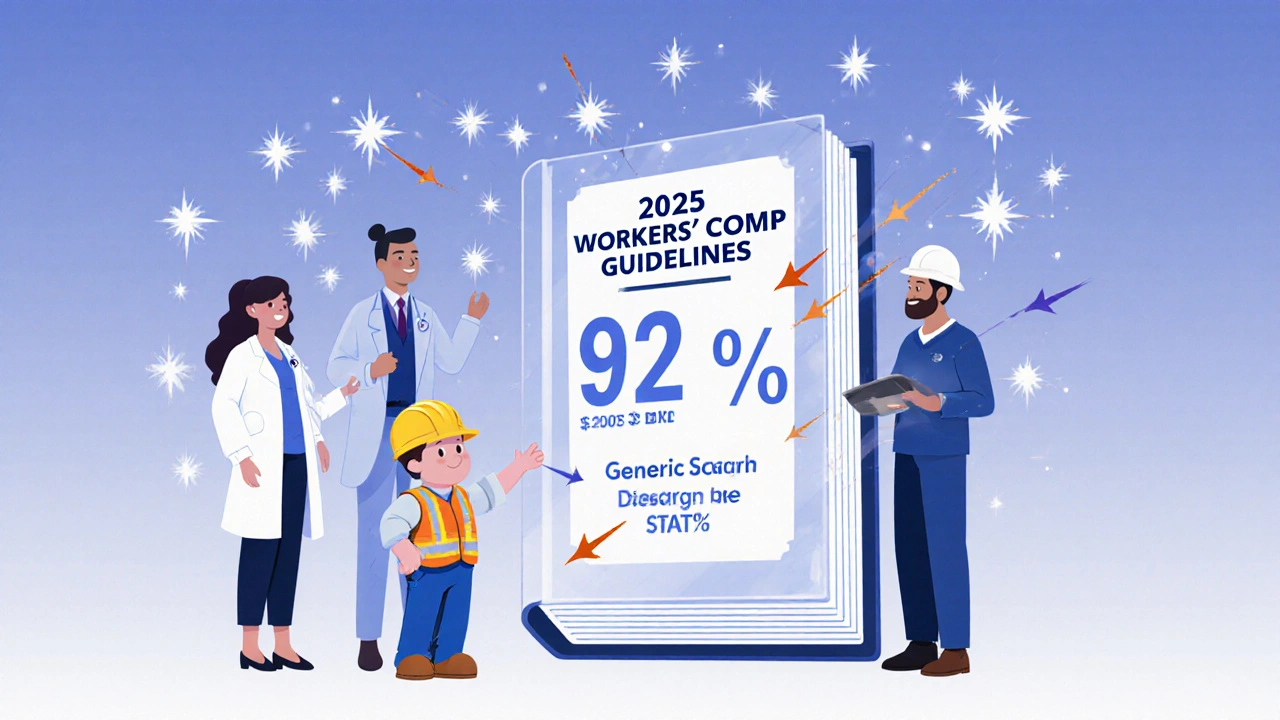 Healthcare team reviews a formulary book showing 92.7% generic use, with cost-saving sparkles, in Disney cartoon style.