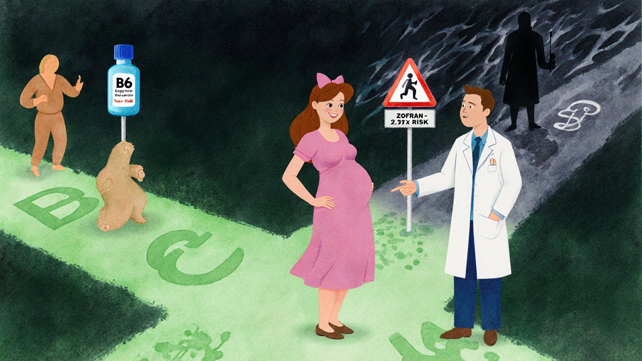 Pregnant woman choosing between safe treatments and risky medication at a symbolic crossroad.