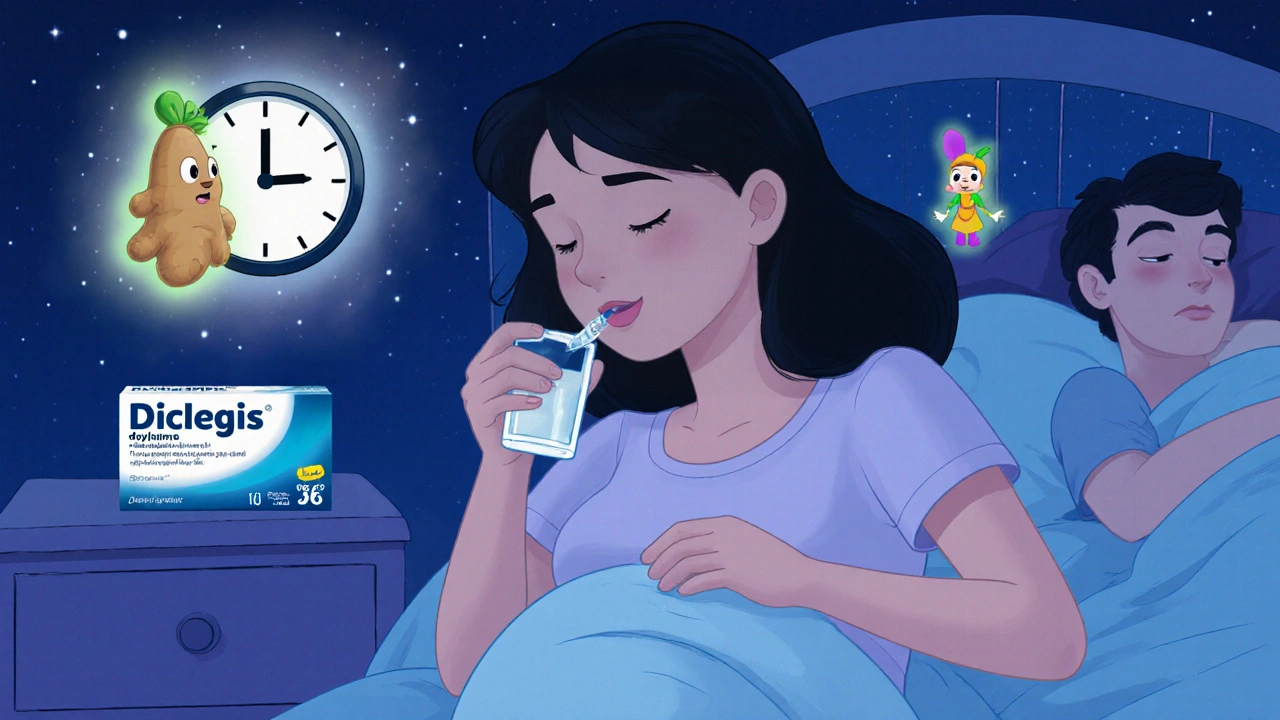 Pregnant woman taking doxylamine at night with friendly ginger and B6 spirits nearby.