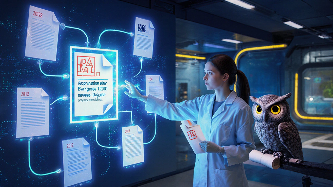 Scientist linking modern safety alerts to old drug approval data using holographic technology.