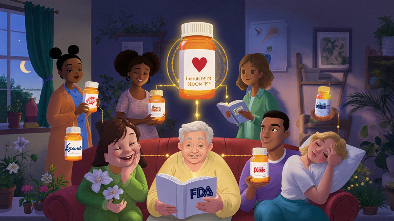 Several people at home take identical pills made by their original drug company, surrounded by peaceful daily life.