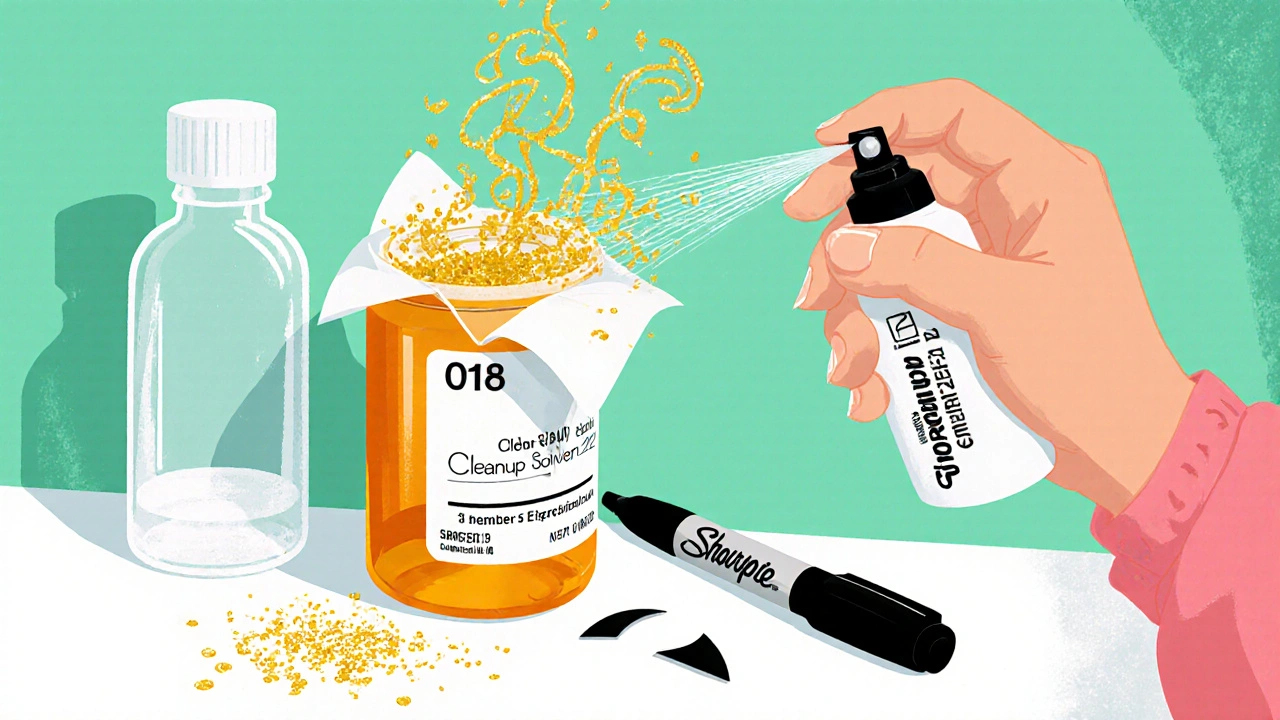 Someone sprays solvent on a prescription bottle, peeling off the label cleanly while a marker lies broken nearby.