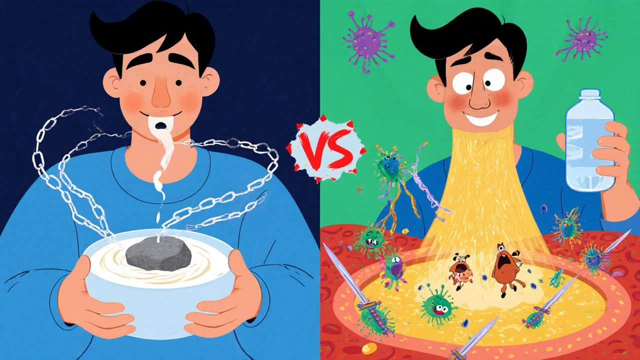 Split scene: antibiotic blocked by yogurt on one side, effective absorption with water on the other.