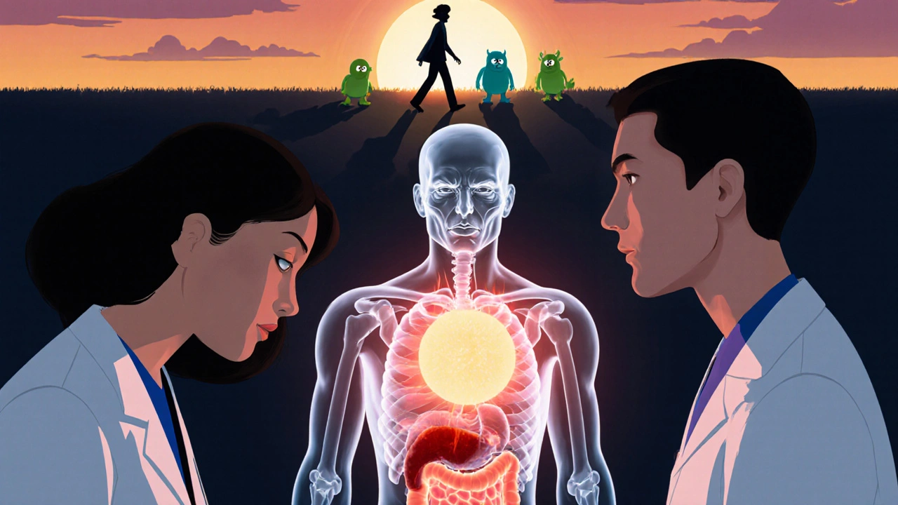 Two doctors observe a glowing human torso where a TNF inhibitor calms inflammation, while a cancer cell fades away.