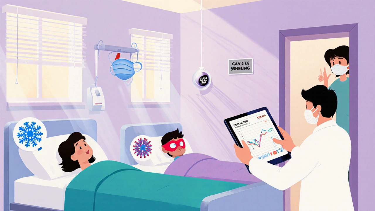 Two patients in a hospital room with different virus icons, a doctor checking data on a tablet, and a child peeking in.