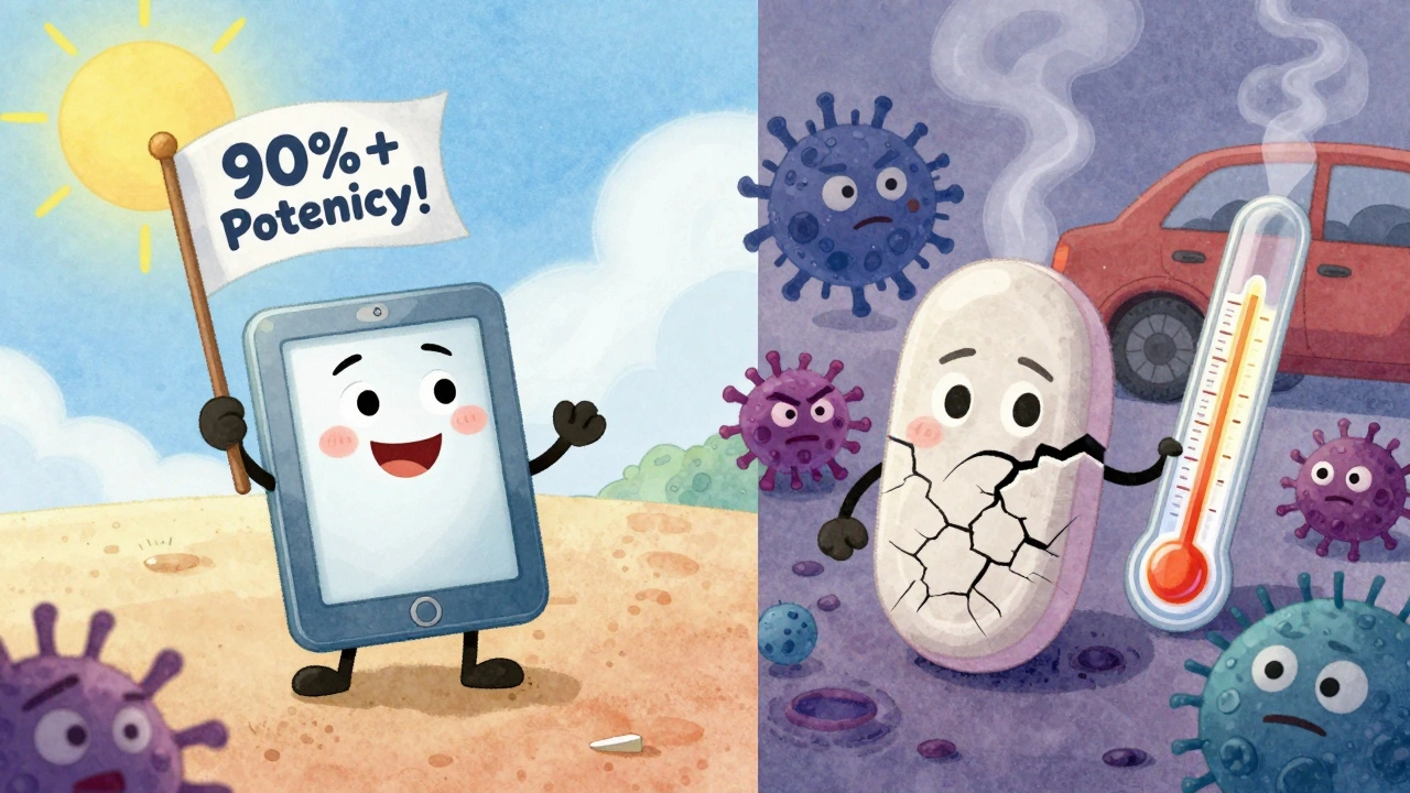 A cheerful pill with full potency versus a damaged one surrounded by bacteria, under hot conditions, in Disney animation style.