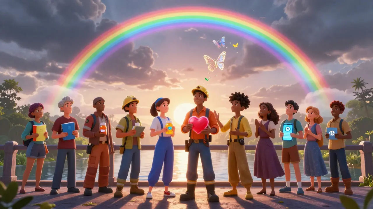 A diverse group stands on a bridge at sunrise, holding symbols of therapy and medication, as storm clouds turn to butterflies.