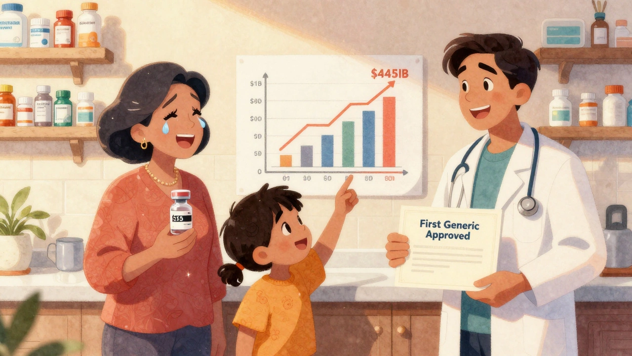 A family in a kitchen celebrates affordable insulin, with a chart showing rising healthcare savings in the background.