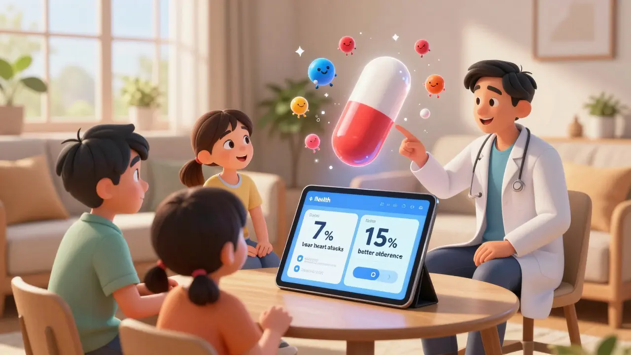 A family views an AI health dashboard showing generic medication benefits, with a doctor explaining a 3D pill model.