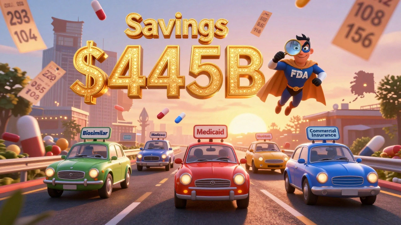 A highway of healthcare vehicles driven by insurance types, with generic pills paving the road and savings numbers glowing above.