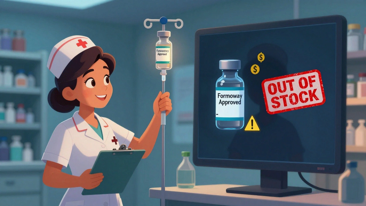 A nurse giving an IV with a formulary-approved generic while a shadowy alternate vial shows hidden fees and stockout warnings.