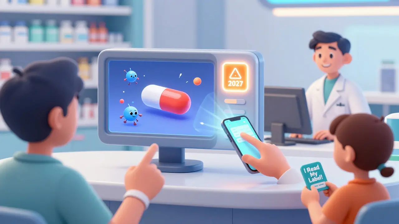 A patient pointing a phone at a prescription label that projects a 3D animation of a pill working in the body, with a glowing orange warning sticker nearby.