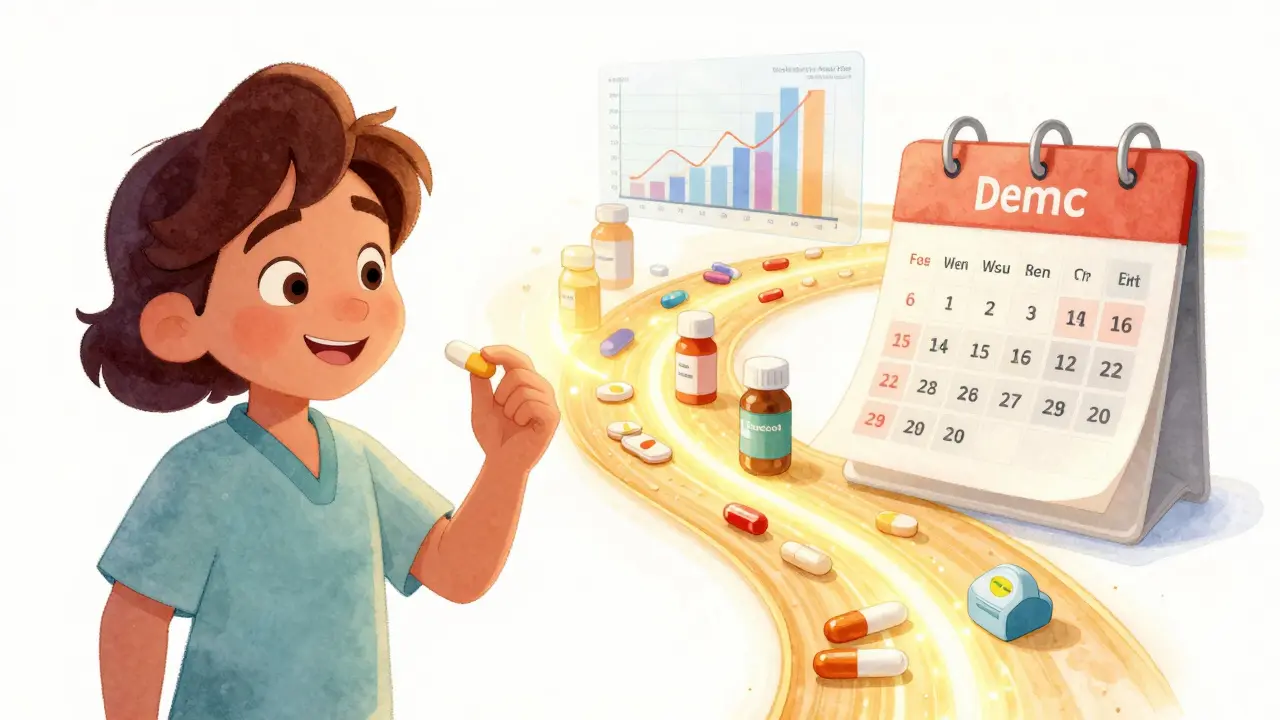 A patient takes a generic pill as a glowing path of health savings and improved outcomes unfolds behind them.