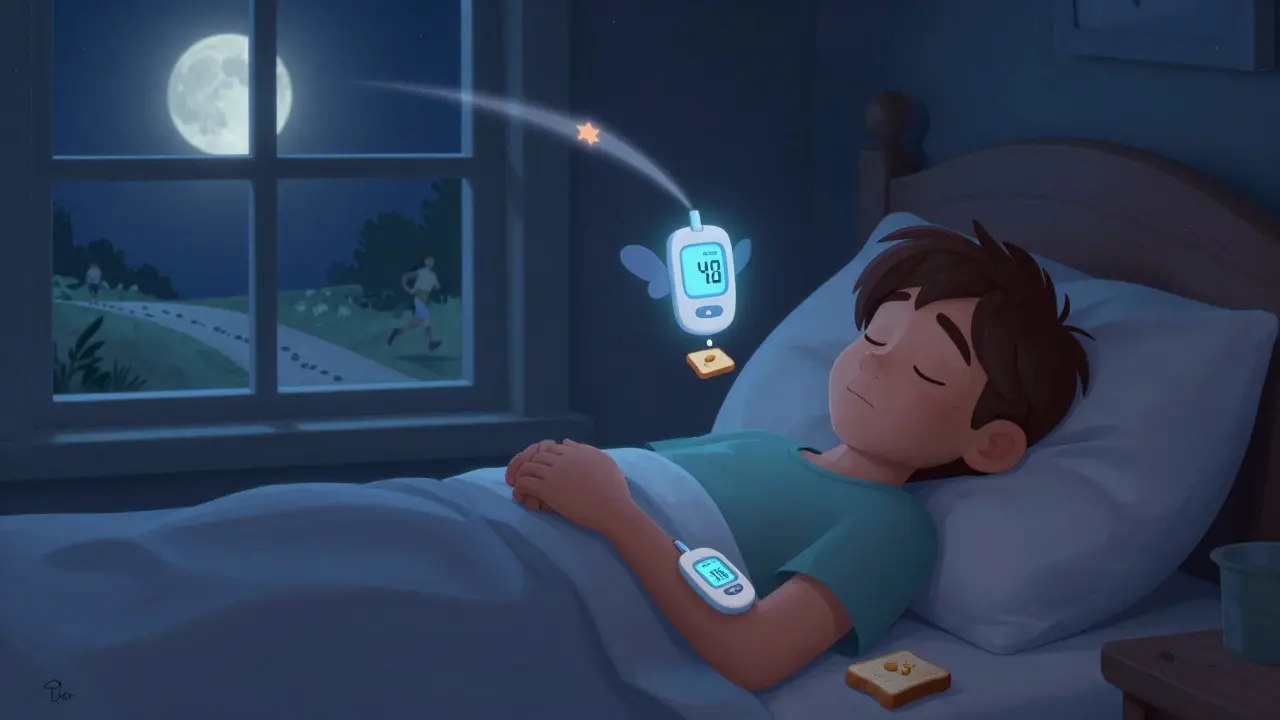 A person asleep at night with a glowing CGM and a snack appearing beside them, while a sprint energy burst glows above in dreamy moonlight.