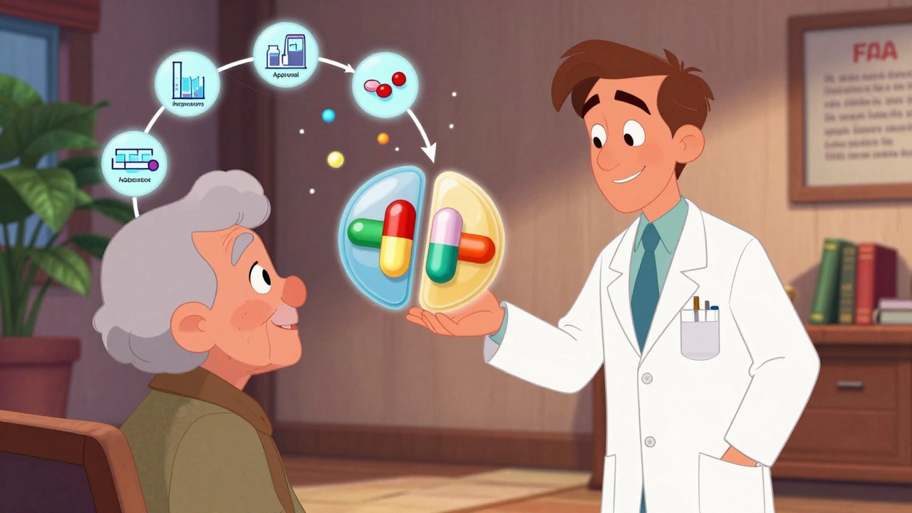 A pharmacist and elderly patient view a floating infographic showing FDA approval steps and split-pill diagrams in a warm clinic setting.