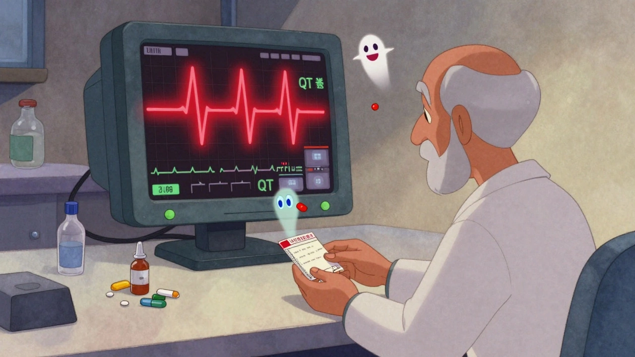 A pharmacist gives medicine to an elderly man while an ECG monitor shows a dangerous rhythm.
