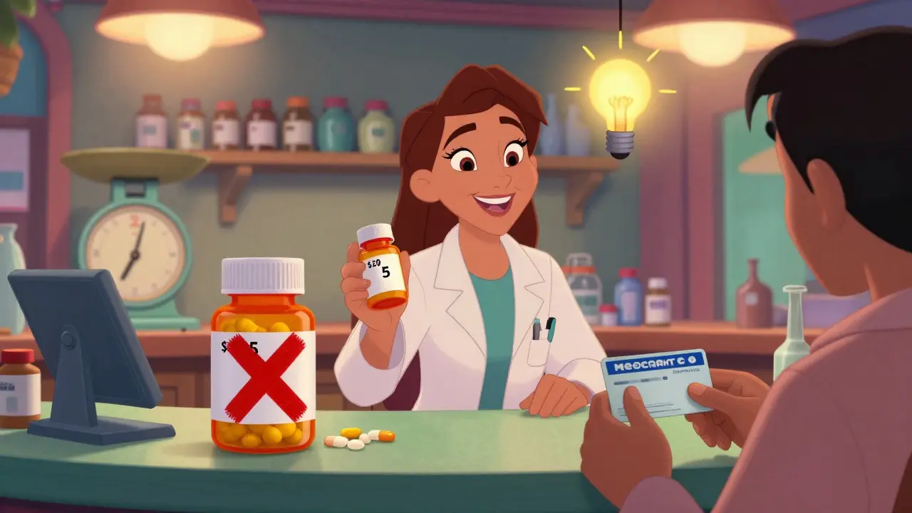 A pharmacist shows two low-cost generic pills to a patient while a pricey combo pill has a red X.