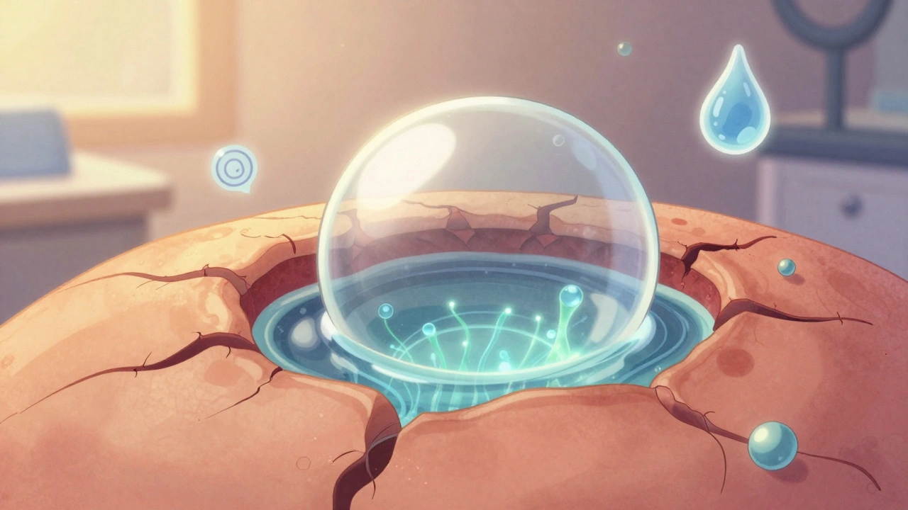 A scleral lens hovers over a warped cornea, with fluid smoothing the surface under glowing medical elements.