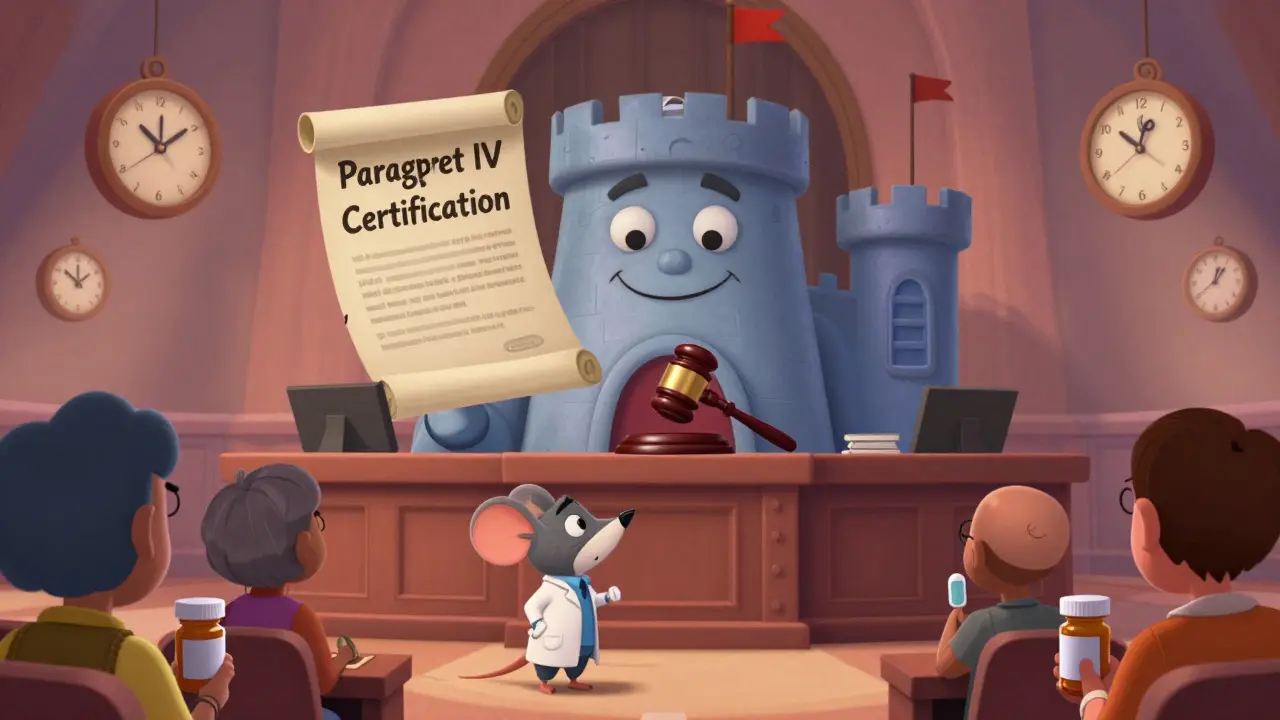 A small generic company in court facing a giant pharmaceutical castle in Disney animation style.