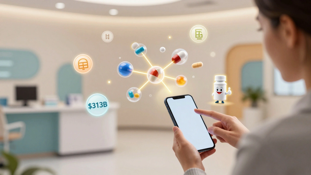 A smartphone AR overlay displays matching 3D drug molecules spinning together, with cost savings icons glowing softly around a pill bottle.