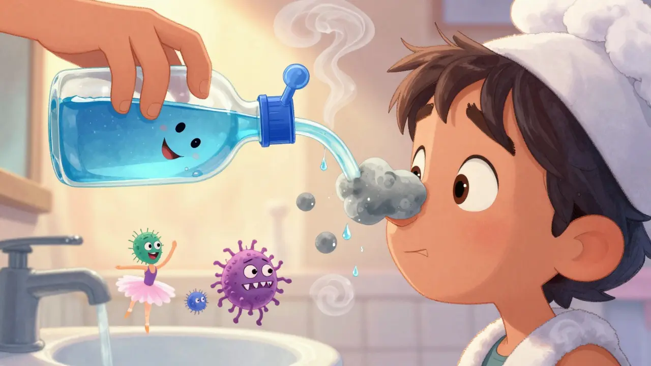 A smiling person using a neti pot as clean saline flushes out mucus and bacteria, with dancing cilia in the background.