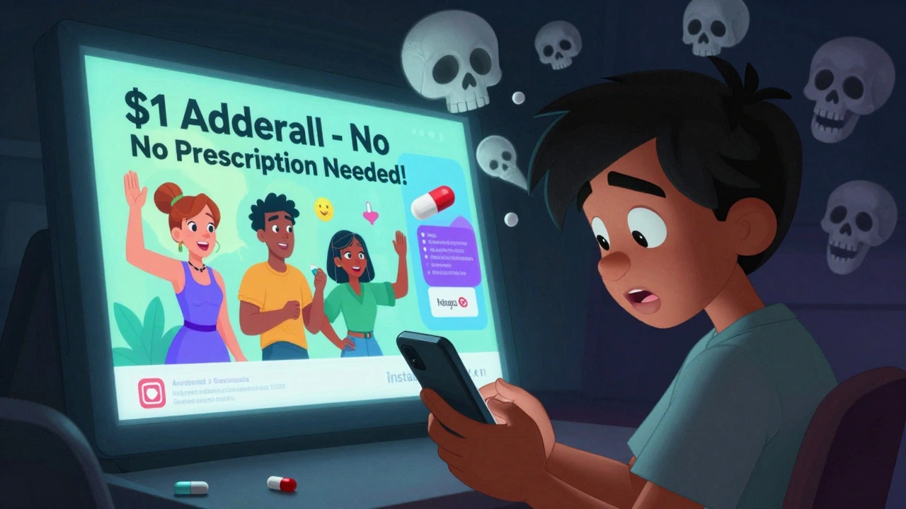 A teen scrolls Instagram seeing fake Adderall ads, while ghostly skulls rise from the screen toward them.