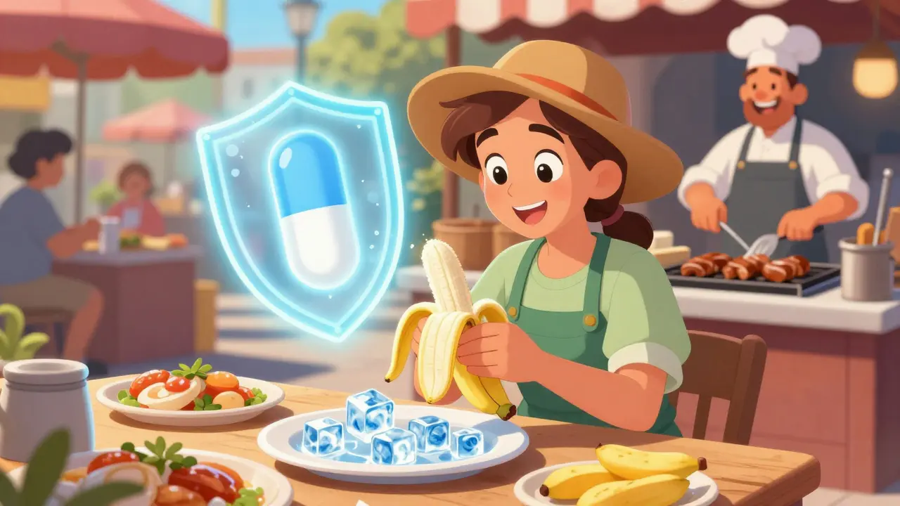 A traveler peeling a banana safely at a street market, protected by a pill-shaped shield.