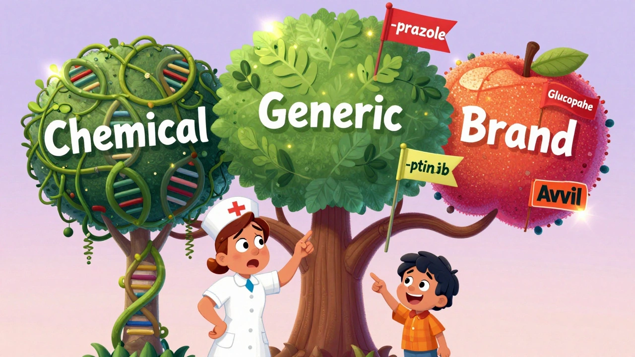 A tree with three branches labeled Chemical, Generic, and Brand drug names, with a nurse and patient looking on.