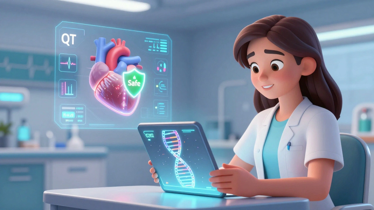 A woman receives a genetic test result showing a heart mutation with a safety shield.
