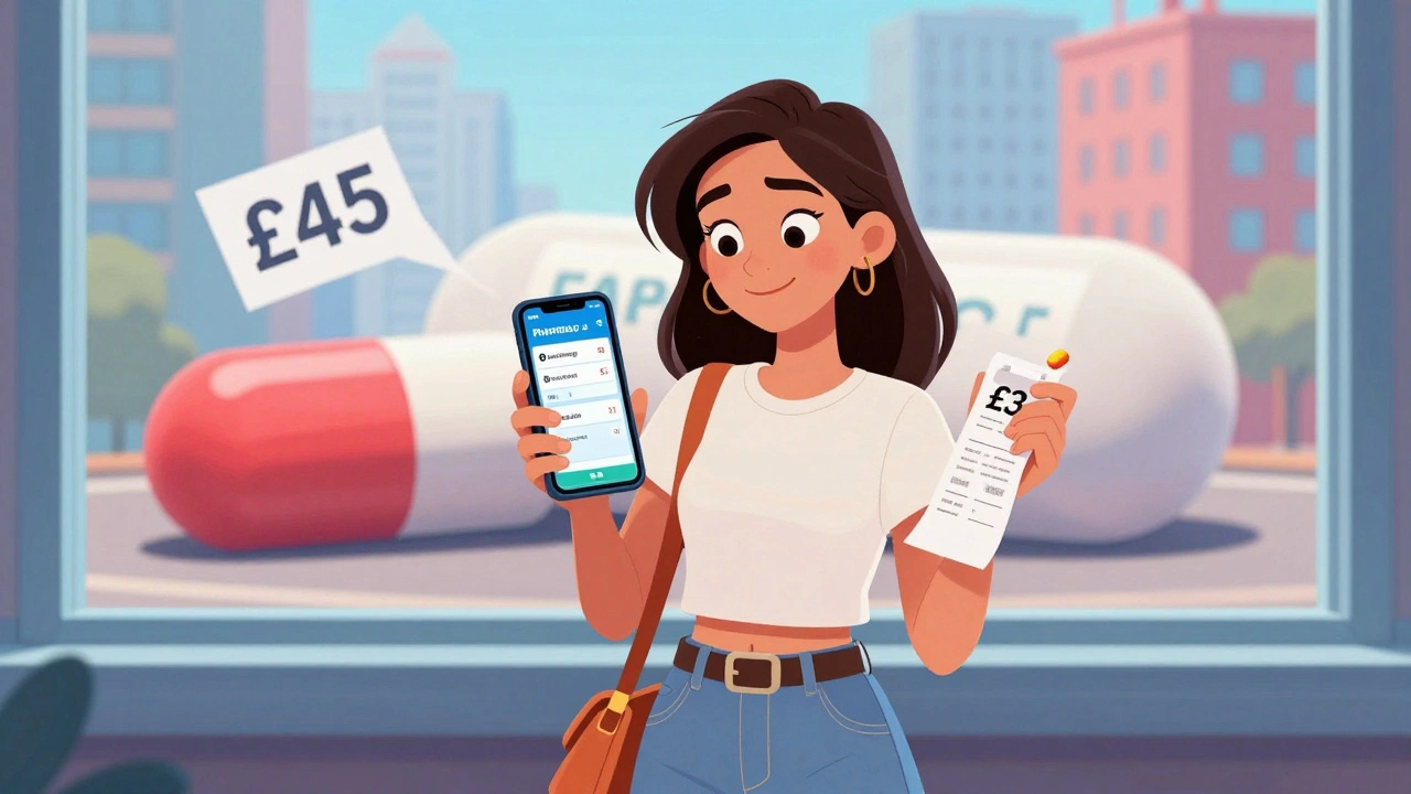 A young woman smiles, holding a cheap generic pill while a giant branded pill with a high price tag lies defeated behind her.