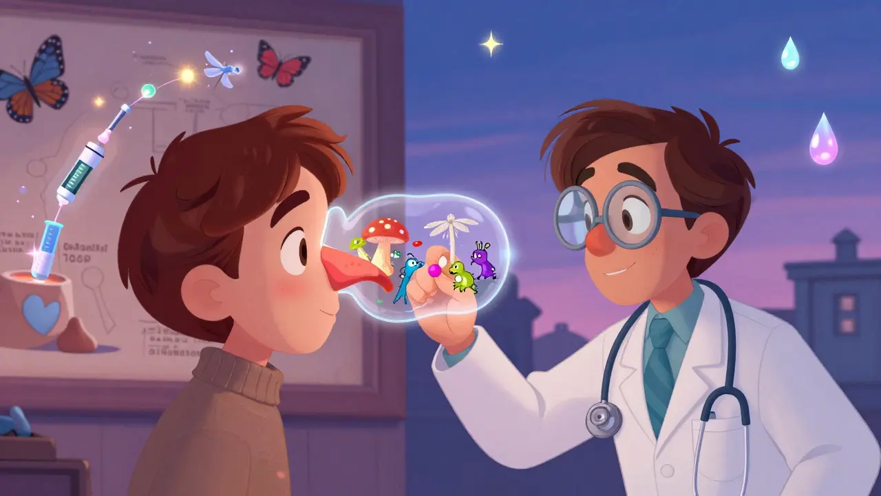 An ENT specialist examining sinuses with glowing polyps and immune battles, surrounded by medicine-themed butterflies and dragonflies.