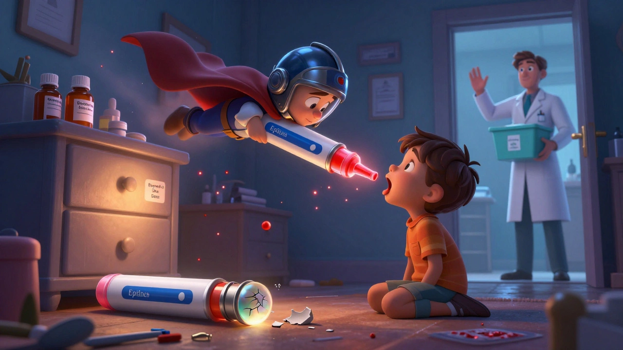 An expired EpiPen broken on the ground while a heroic one saves a child, with a safe storage drawer in the background, Disney style.